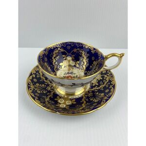 Aynsley Royalty Deco Teacup Saucer Set Vintage Cobalt Blue Gold Gilt Bone China